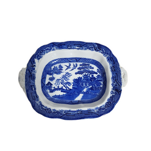 Blue Willow Flow Blue Ironstone Oval Vegetable Bowl with Handles No Lid