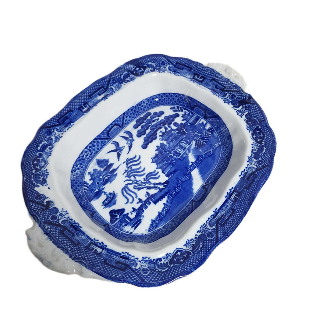 Blue Willow Flow Blue Ironstone Oval Vegetable Bowl with Handles No Lid