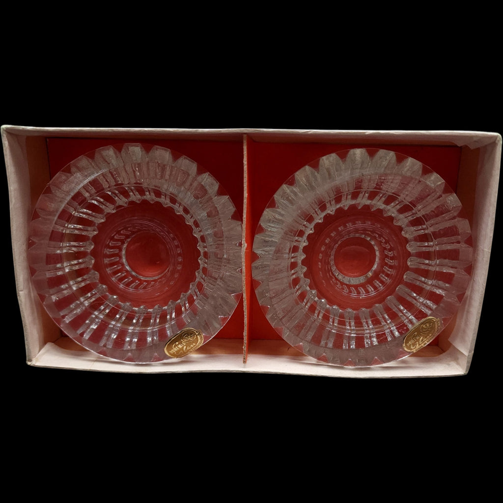 Vintage Bohemia Crystal Cut Glass Candlestick Holders Pair in Box