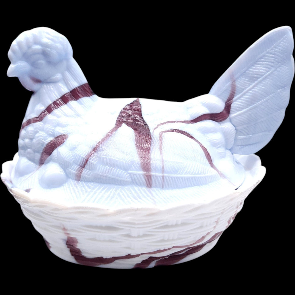 Vintage Brown and White Slag Glass Hen on Nest Covered Candy Dish