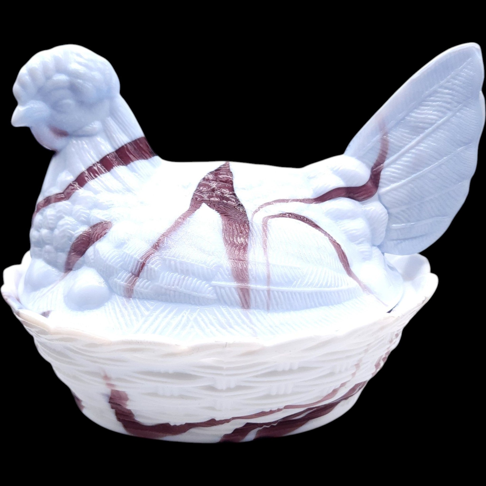 Vintage Brown and White Slag Glass Hen on Nest Covered Candy Dish