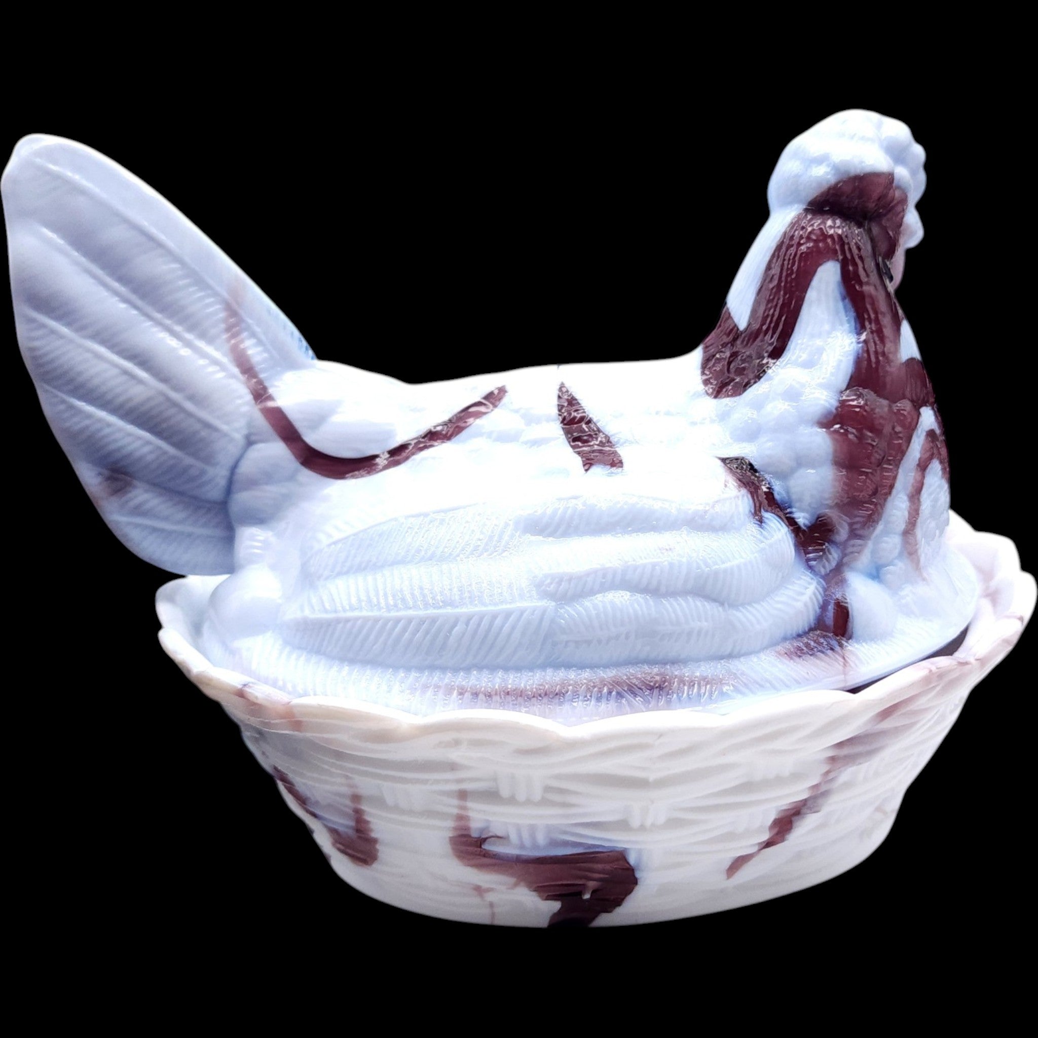 Vintage Brown and White Slag Glass Hen on Nest Covered Candy Dish