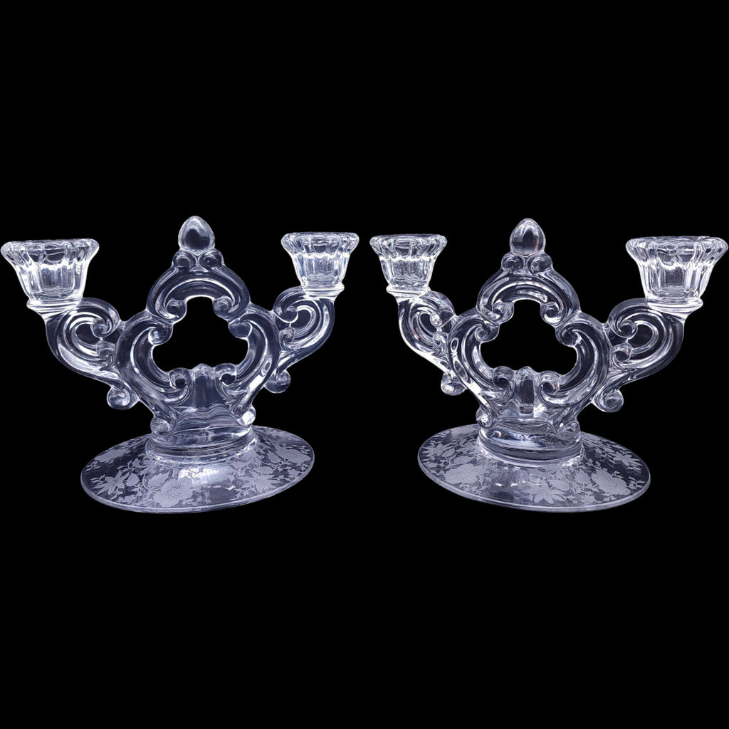Vintage Cambridge Glass Chantilly Etched 2-Light Candelabras Pair