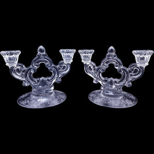 Vintage Cambridge Glass Chantilly Etched 2-Light Candelabras Pair
