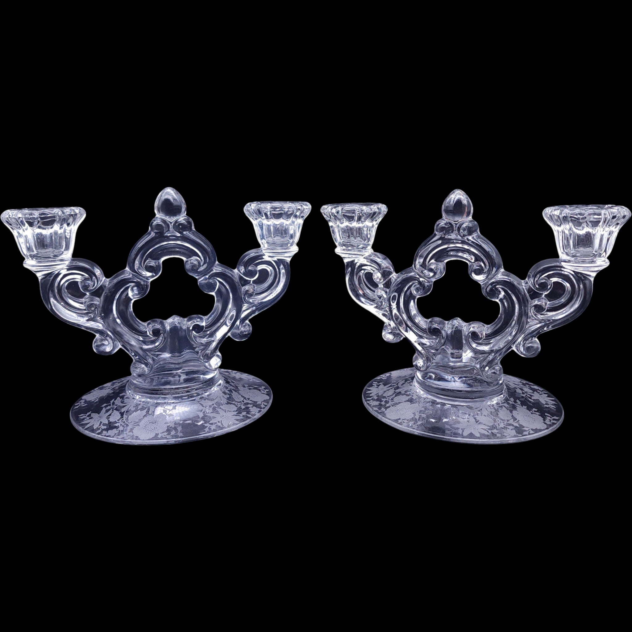 Vintage Cambridge Glass Chantilly Etched 2-Light Candelabras Pair