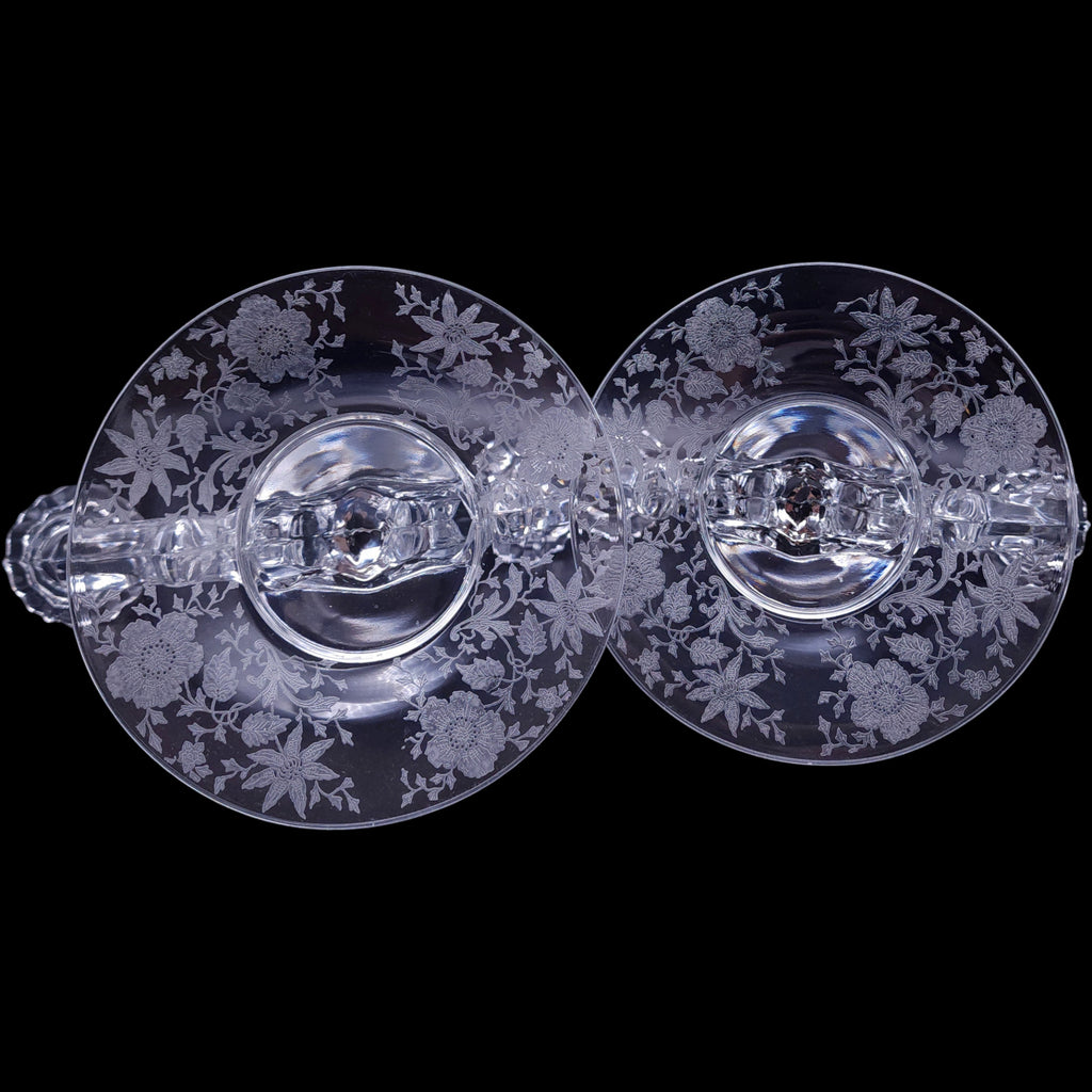 Vintage Cambridge Glass Chantilly Etched 2-Light Candelabras Pair