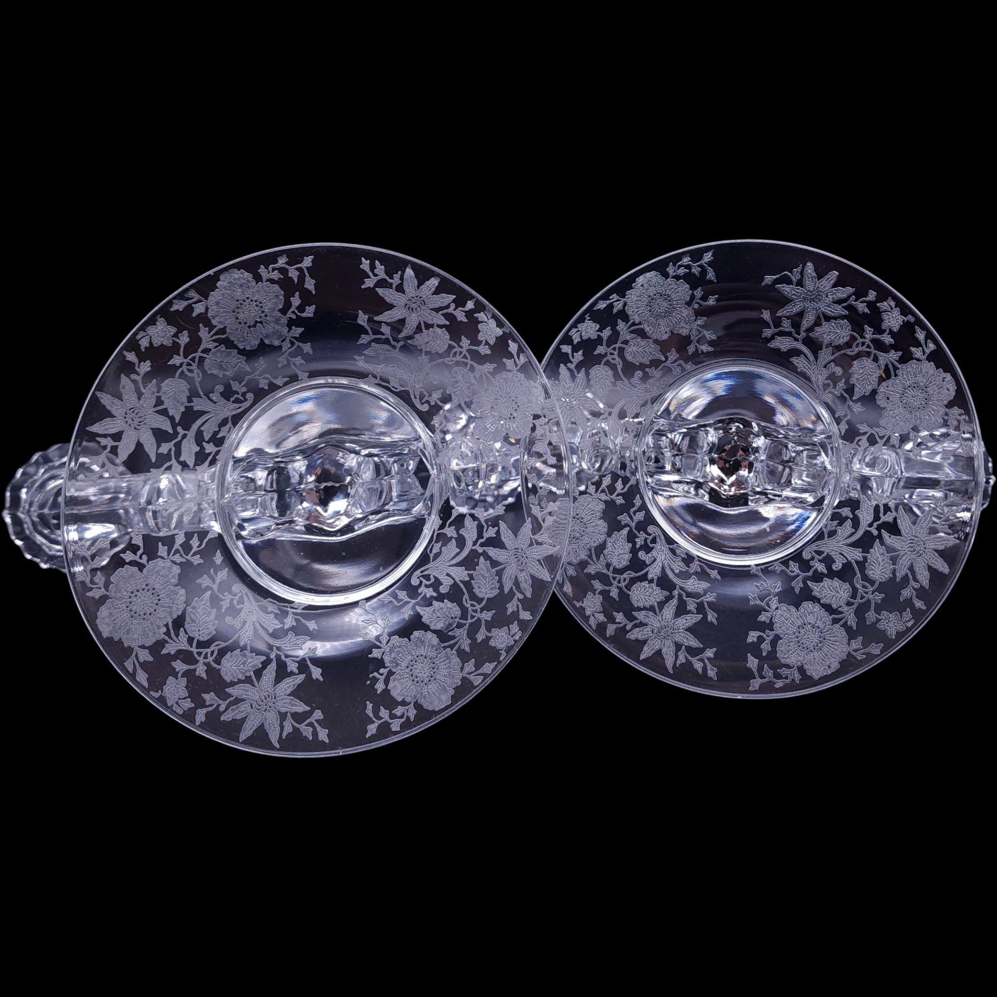 Vintage Cambridge Glass Chantilly Etched 2-Light Candelabras Pair