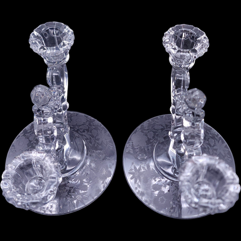 Vintage Cambridge Glass Chantilly Etched 2-Light Candelabras Pair
