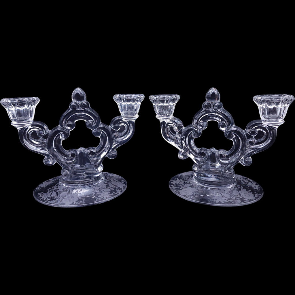 Vintage Cambridge Glass Chantilly Etched 2-Light Candelabras Pair