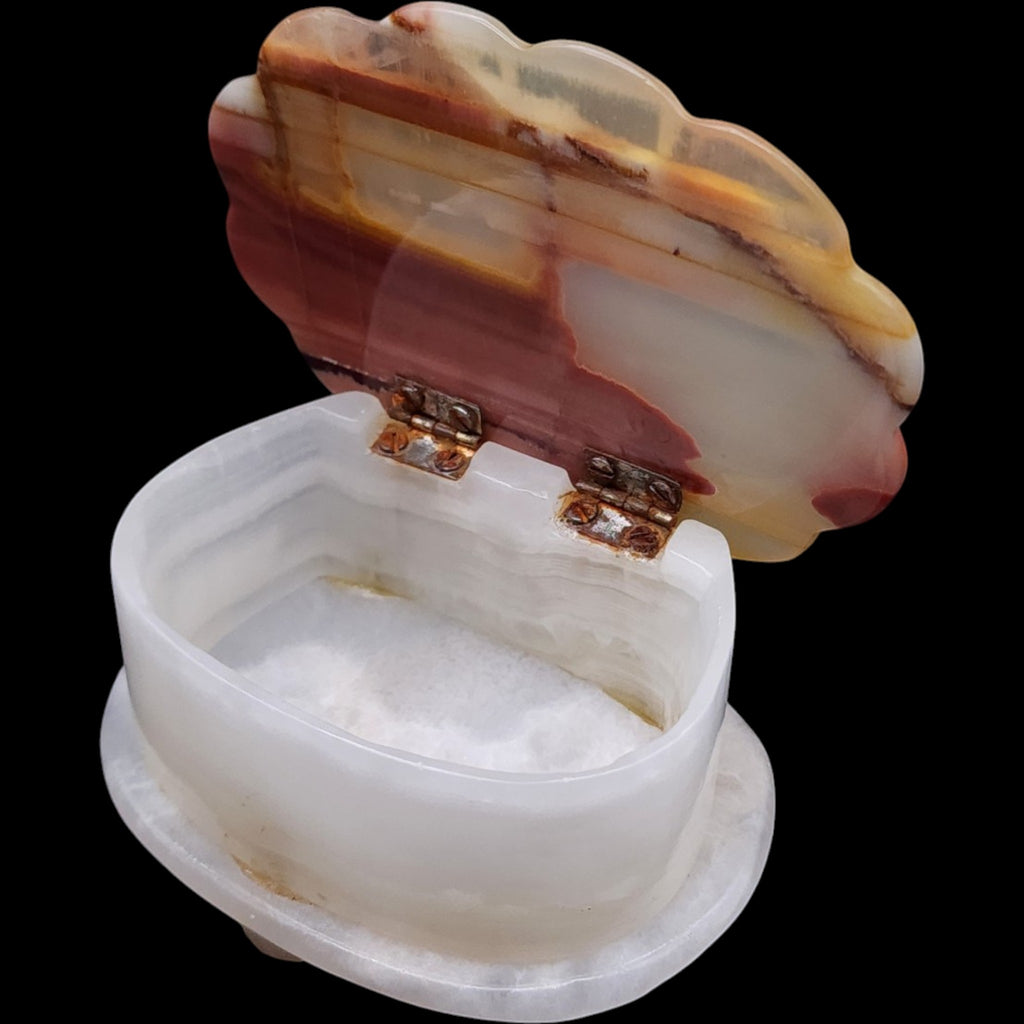 Vintage Carved Onyx Marble Clamshell Trinket Box Hinged Jewelry Keepsake