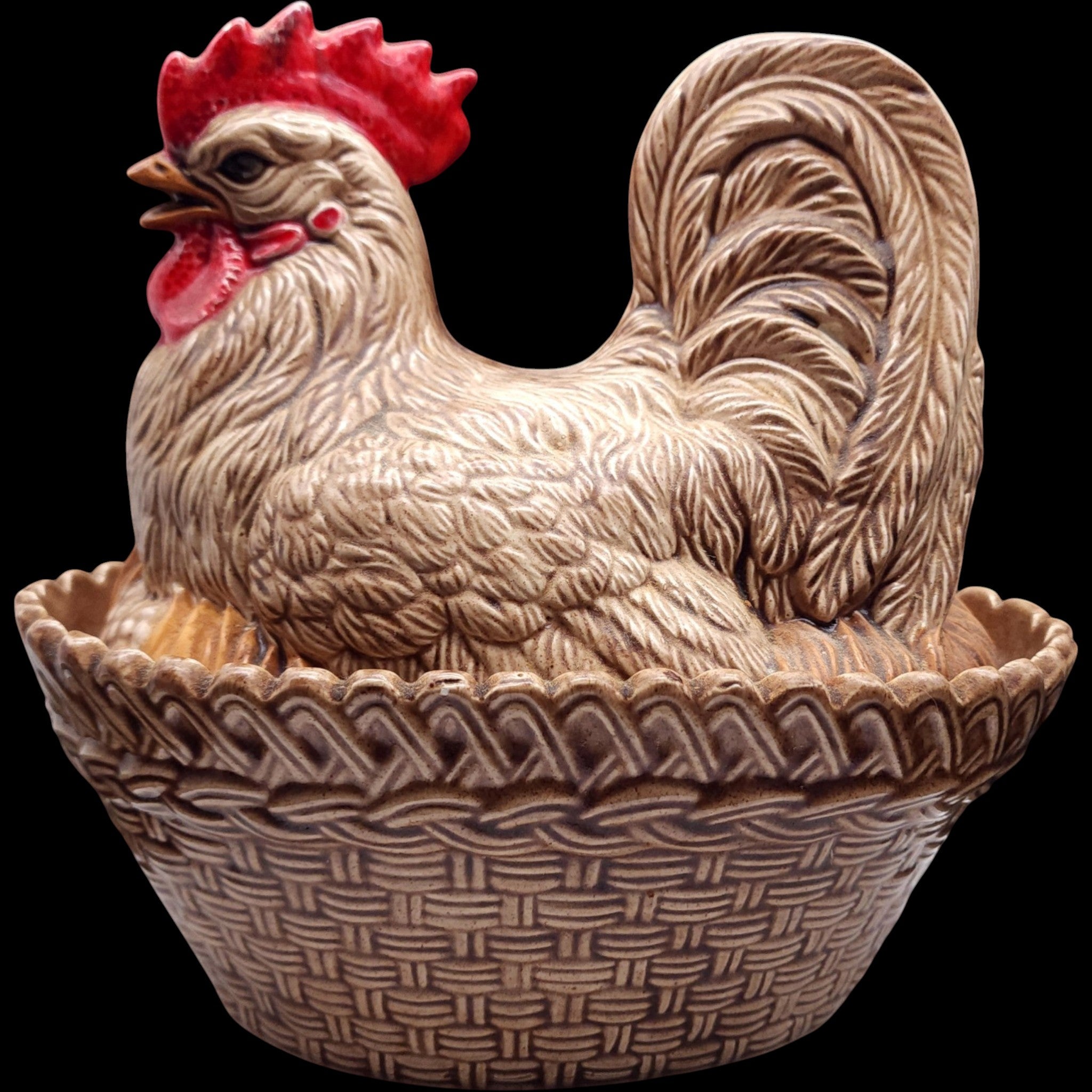 Vintage Ceramic Rooster Hen on Basket Covered Dish Tureen