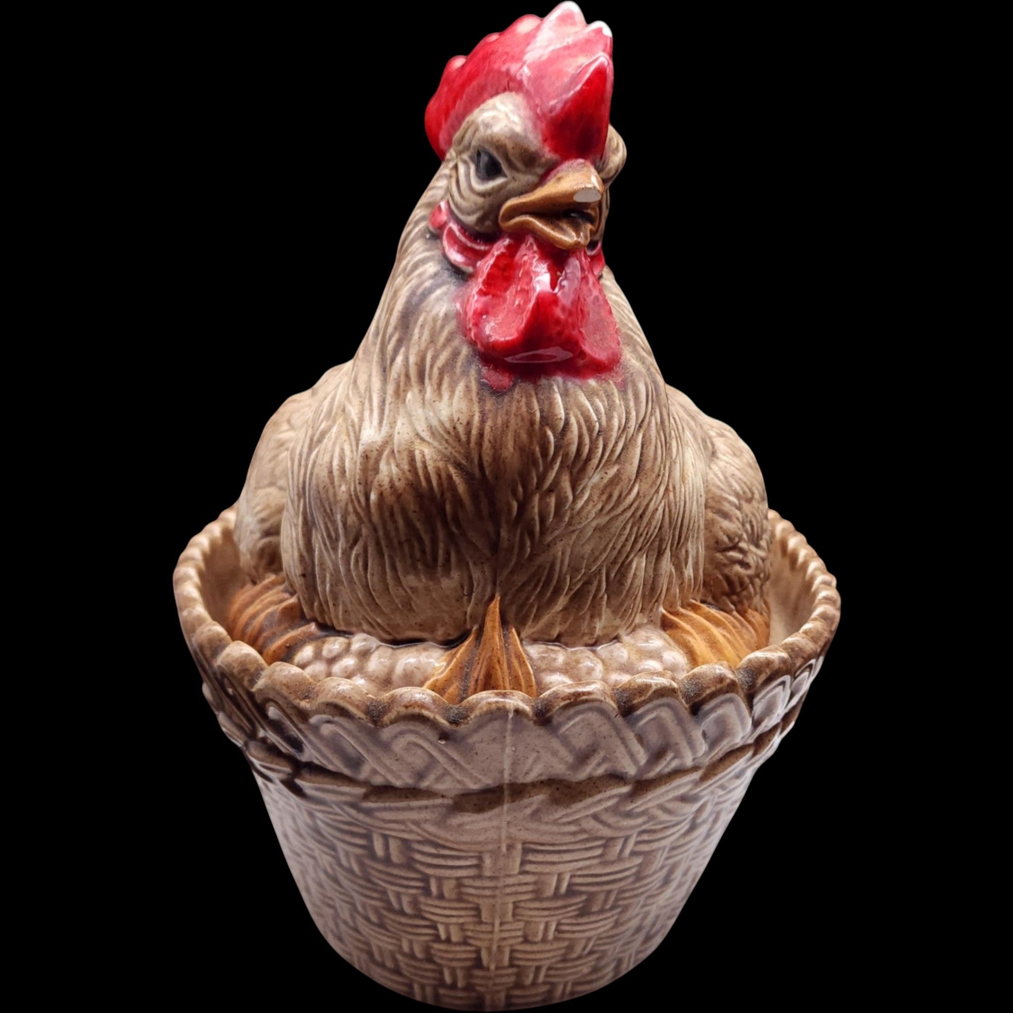 Vintage Ceramic Rooster Hen on Basket Covered Dish Tureen