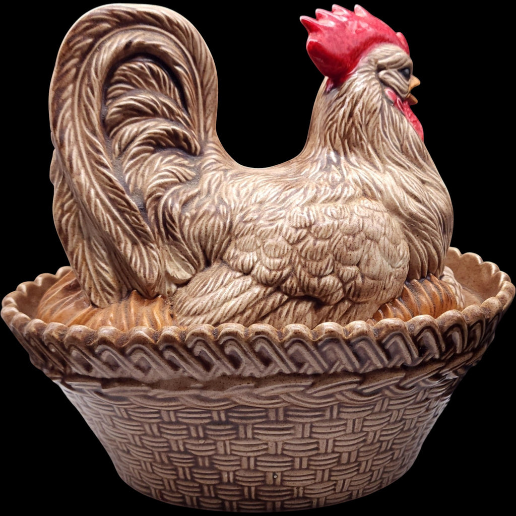 Vintage Ceramic Rooster Hen on Basket Covered Dish Tureen