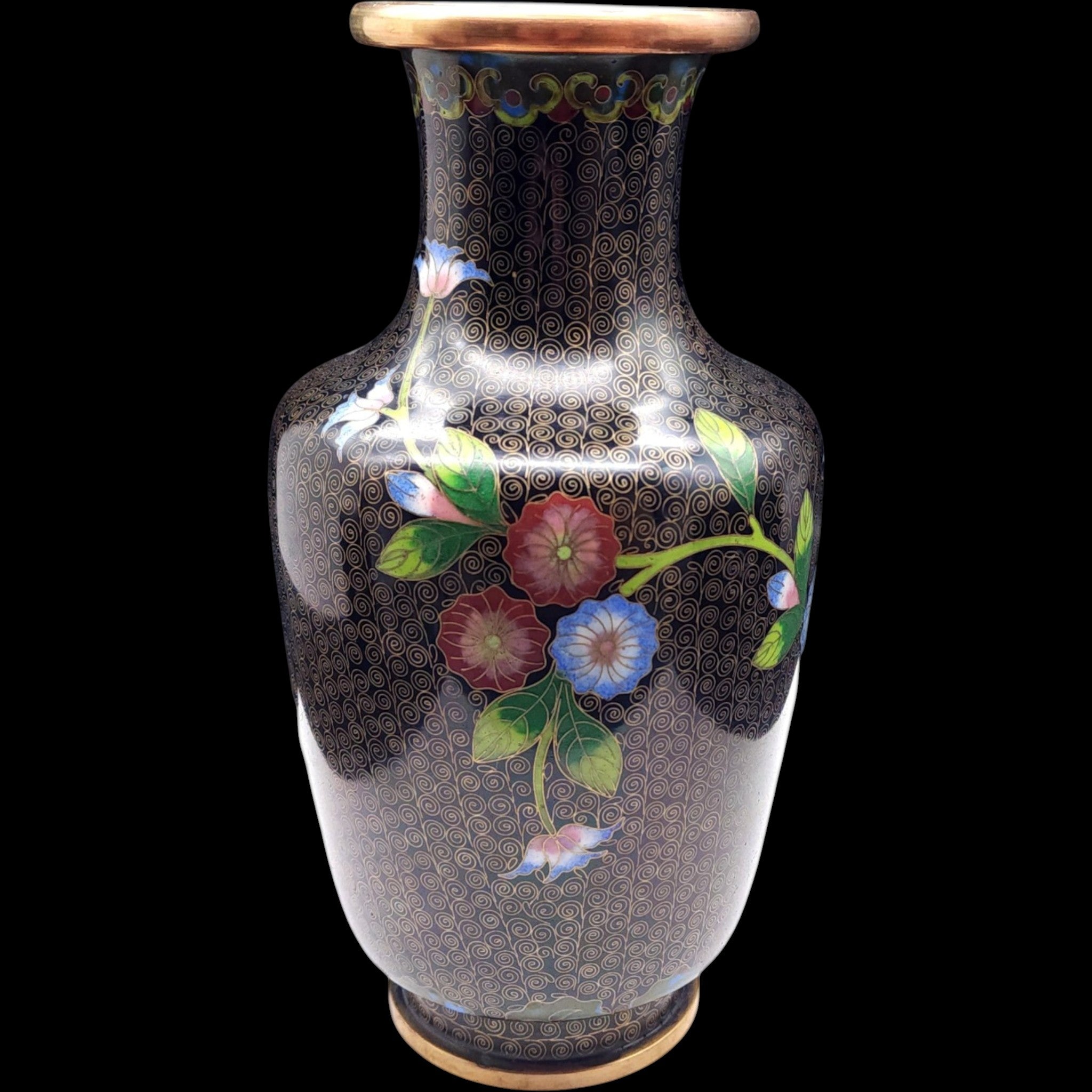 Vintage Chinese Cloisonné Floral Brass Vase Black Ground Wire Inlay