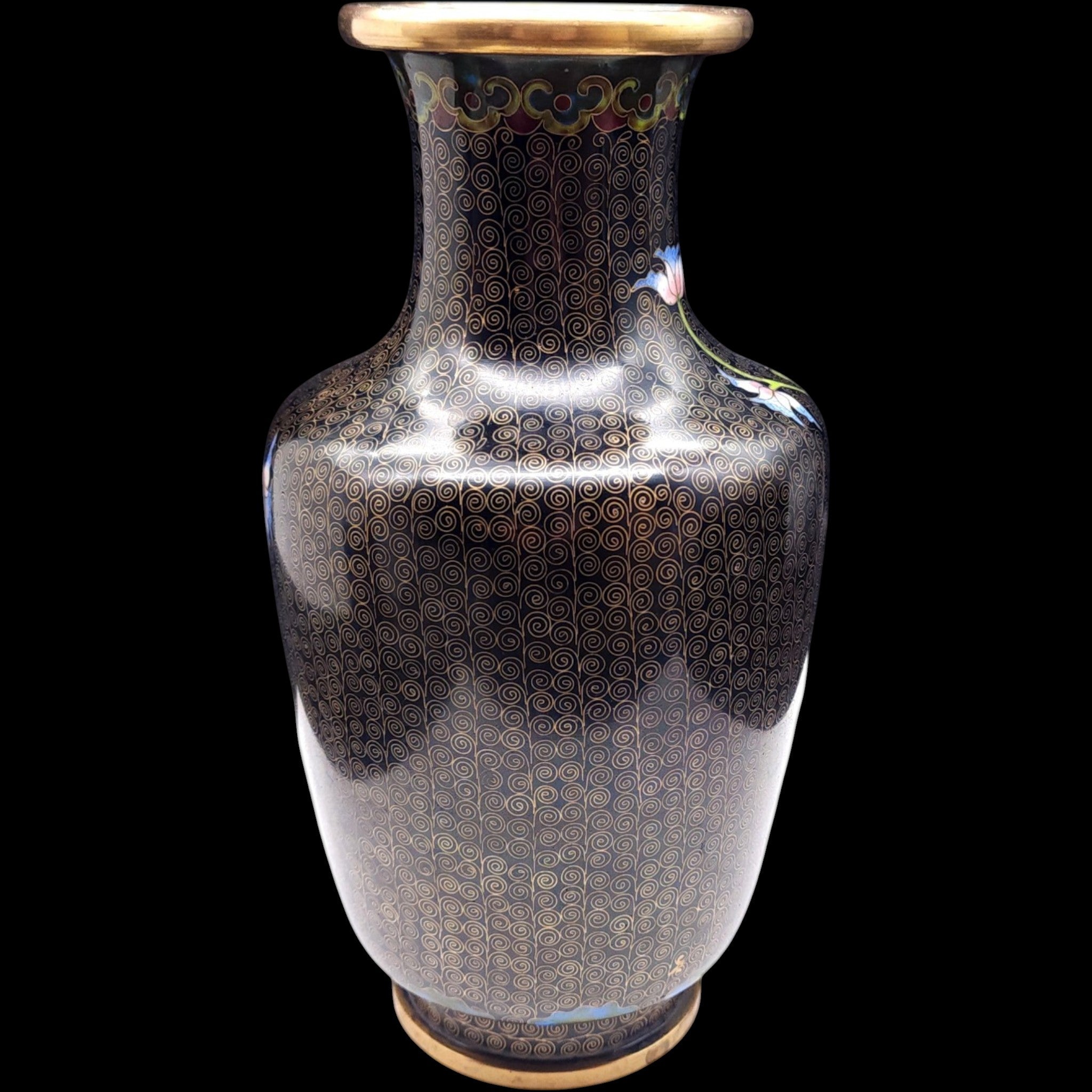 Vintage Chinese Cloisonné Floral Brass Vase Black Ground Wire Inlay