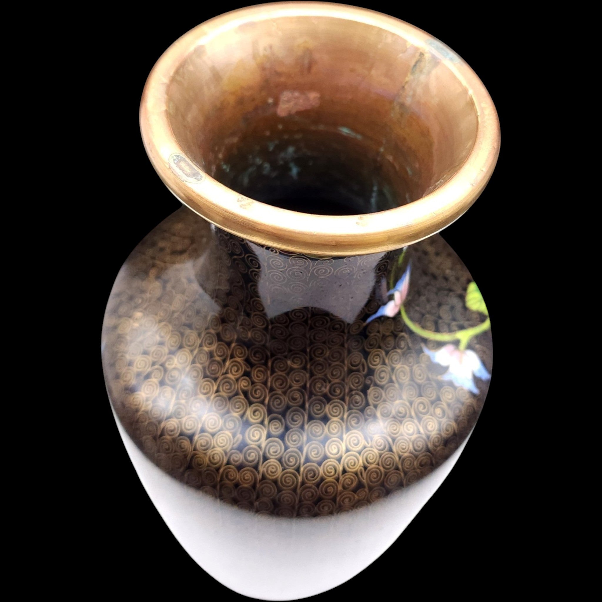 Vintage Chinese Cloisonné Floral Brass Vase Black Ground Wire Inlay