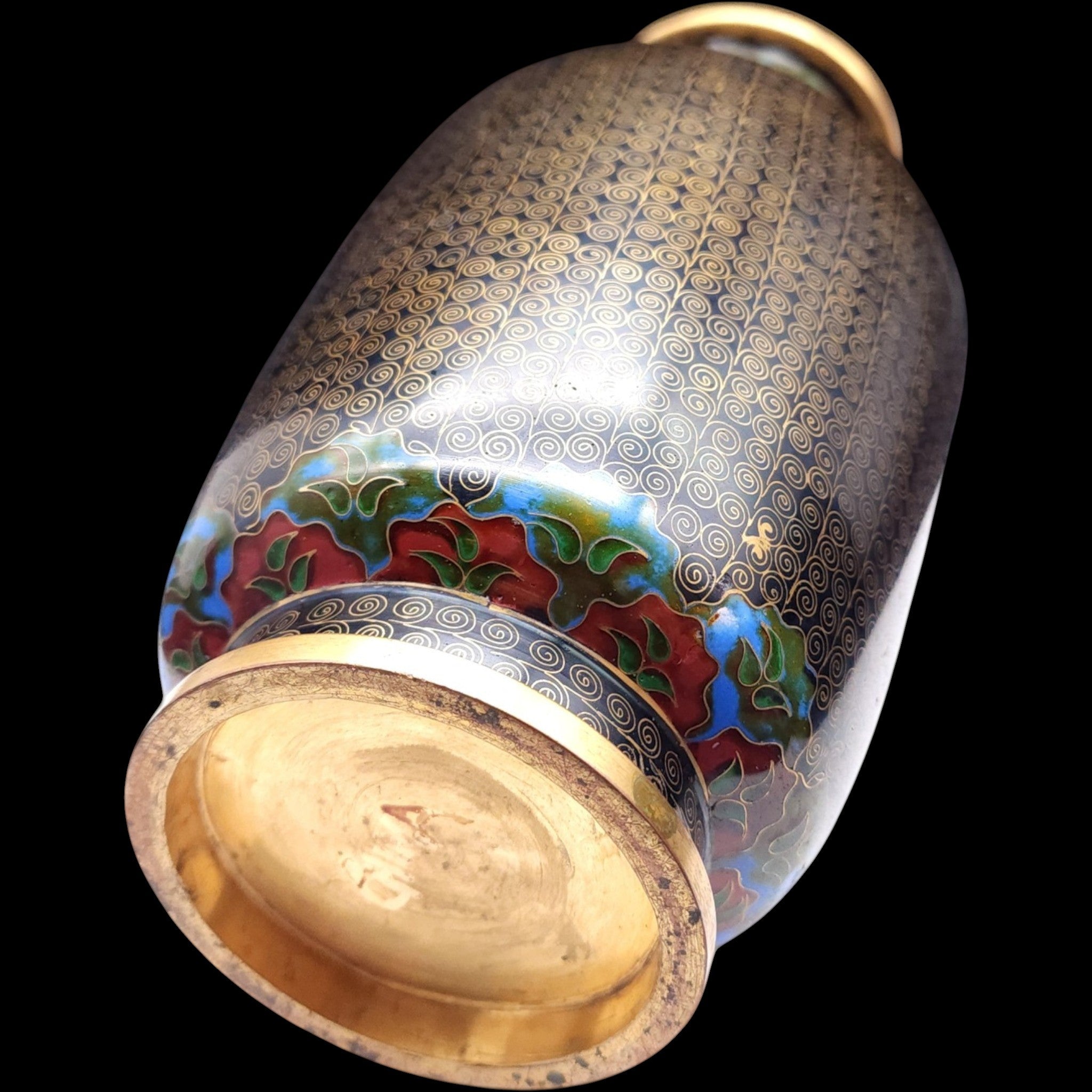 Vintage Chinese Cloisonné Floral Brass Vase Black Ground Wire Inlay
