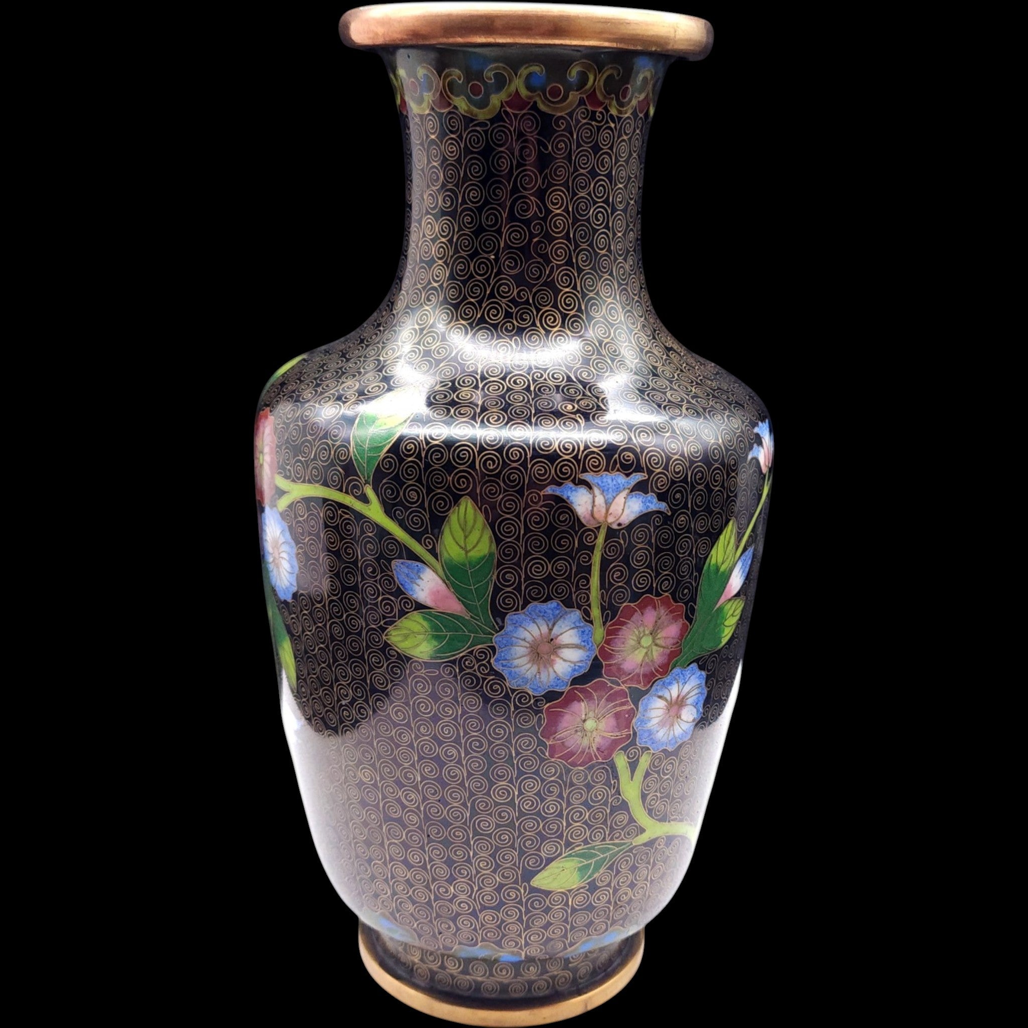 Vintage Chinese Cloisonné Floral Brass Vase Black Ground Wire Inlay