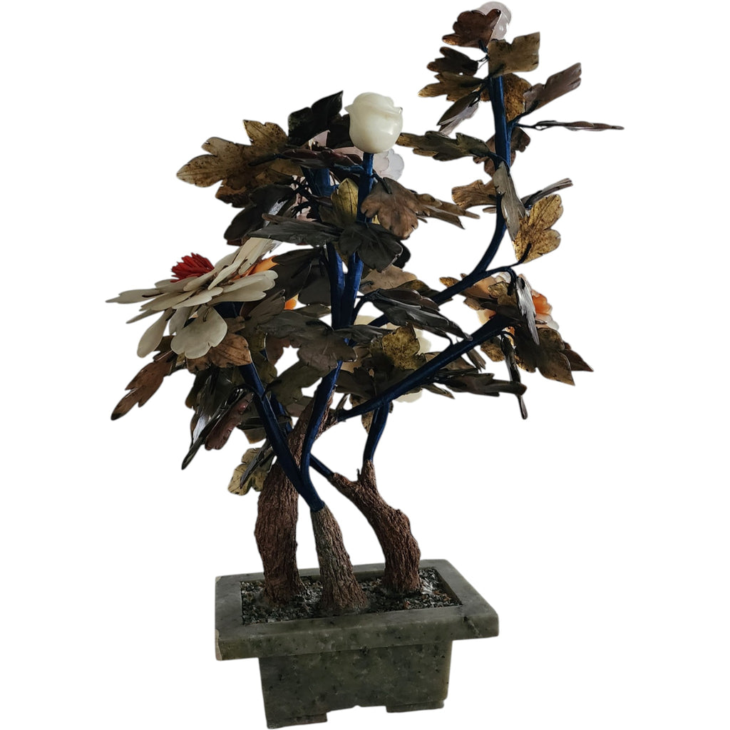 18" Chinese Jade and Quartz Bonsai Glass Tree in Celadon Pot