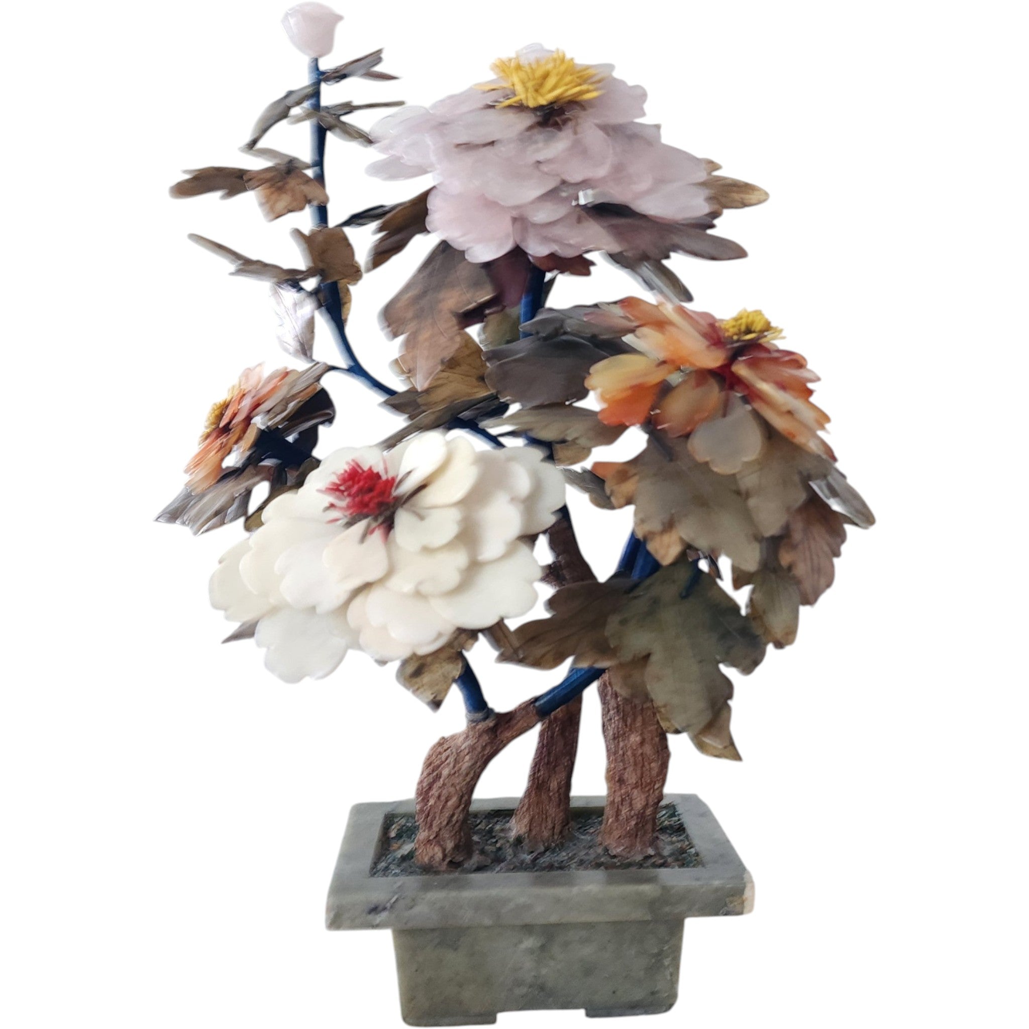 18" Chinese Jade and Quartz Bonsai Glass Tree in Celadon Pot