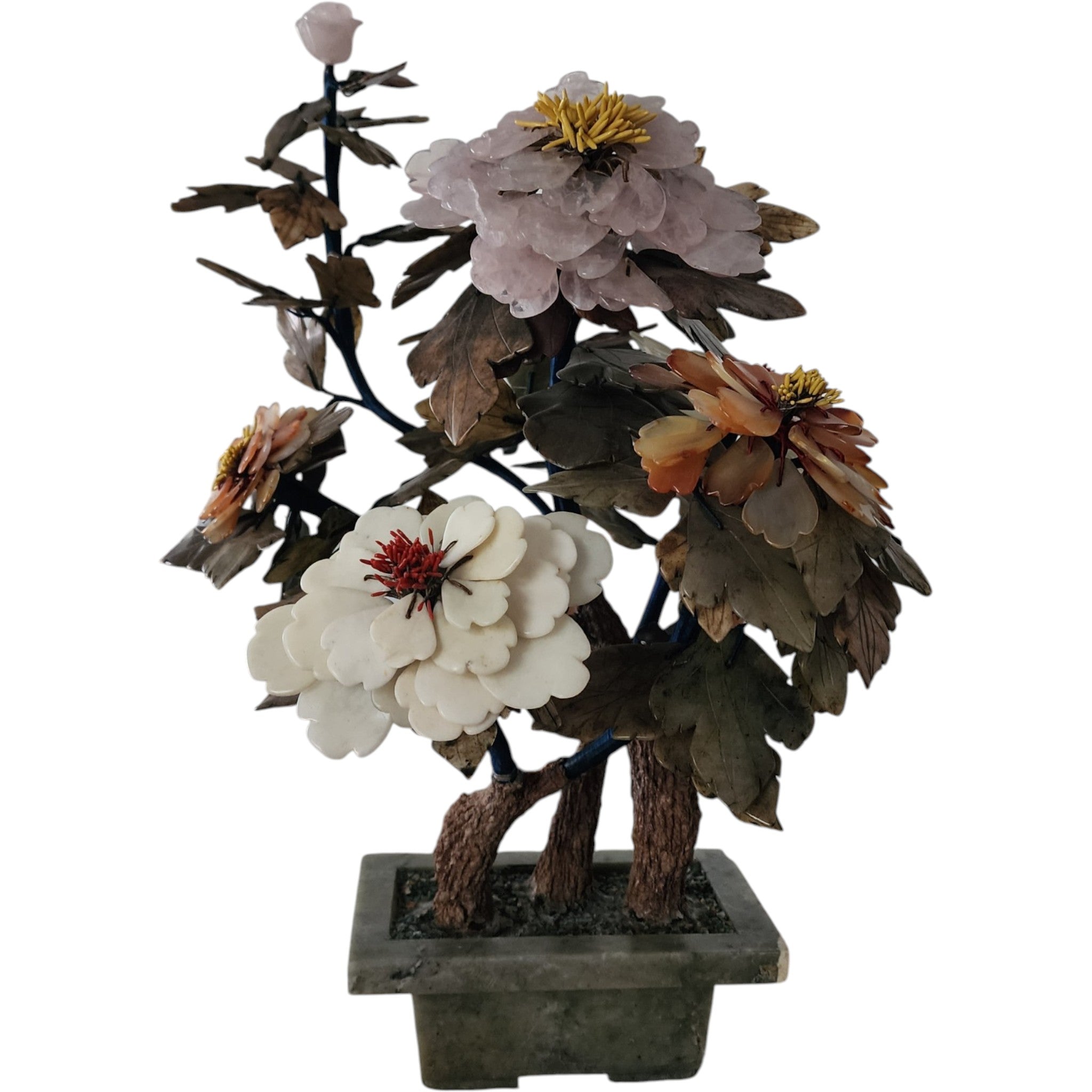18" Chinese Jade and Quartz Bonsai Glass Tree in Celadon Pot