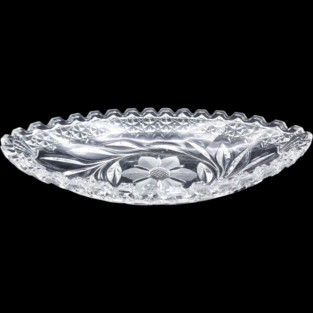 Vintage Clear Cut Glass Oval Relish Dish Floral & Diamond Pattern Sawtooth Rim