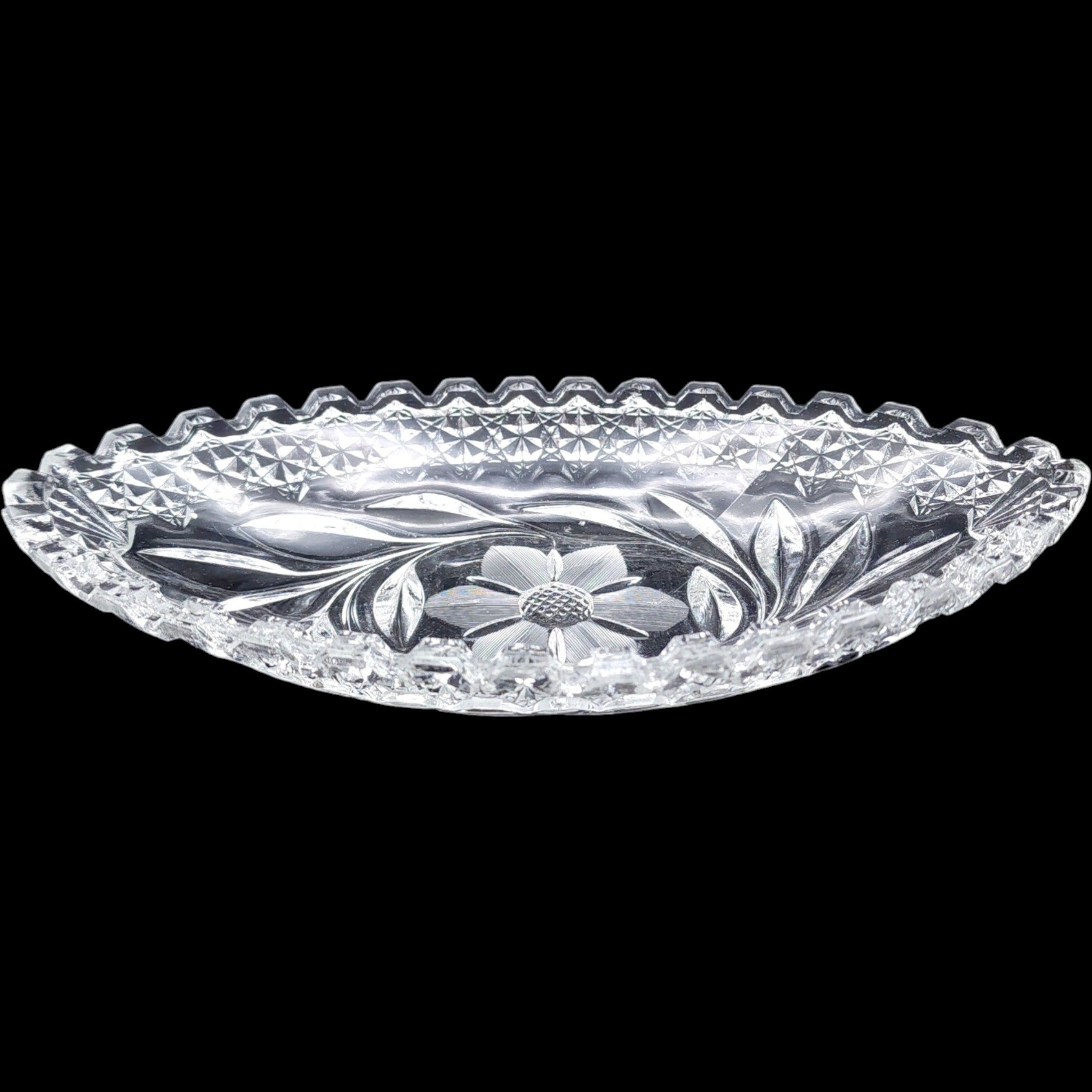 Vintage Clear Cut Glass Oval Relish Dish Floral & Diamond Pattern Sawtooth Rim
