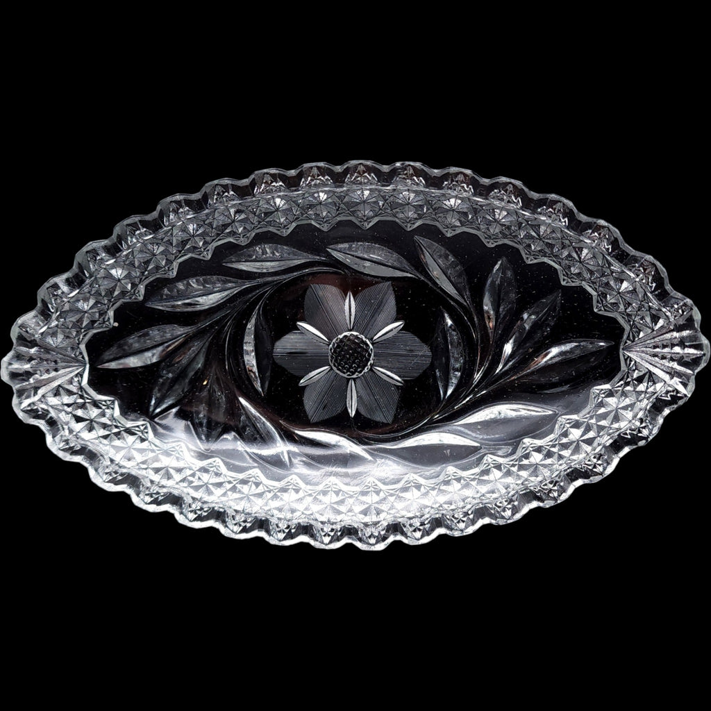 Vintage Clear Cut Glass Oval Relish Dish Floral & Diamond Pattern Sawtooth Rim