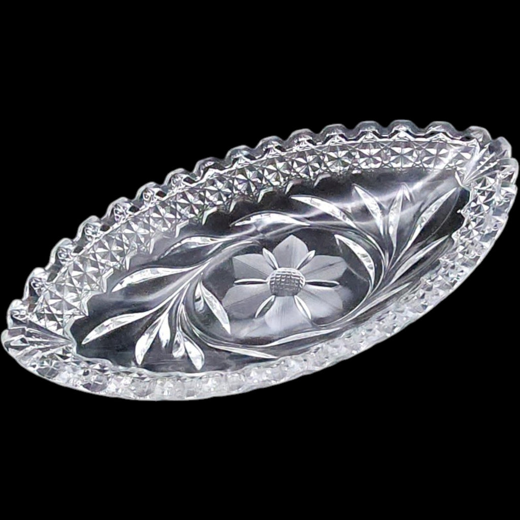 Vintage Clear Cut Glass Oval Relish Dish Floral & Diamond Pattern Sawtooth Rim