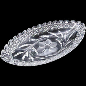 Vintage Clear Cut Glass Oval Relish Dish Floral & Diamond Pattern Sawtooth Rim