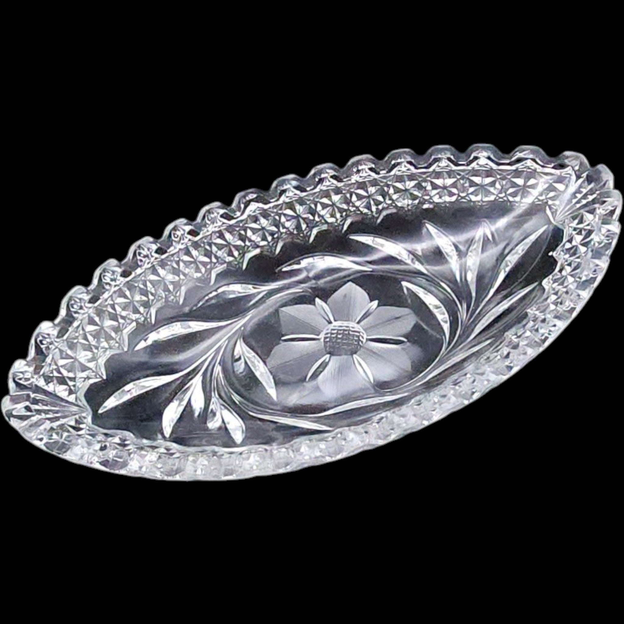 Vintage Clear Cut Glass Oval Relish Dish Floral & Diamond Pattern Sawtooth Rim