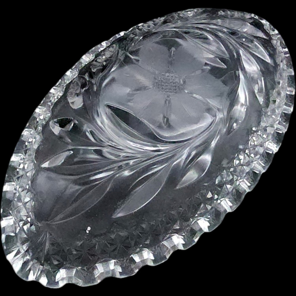 Vintage Clear Cut Glass Oval Relish Dish Floral & Diamond Pattern Sawtooth Rim