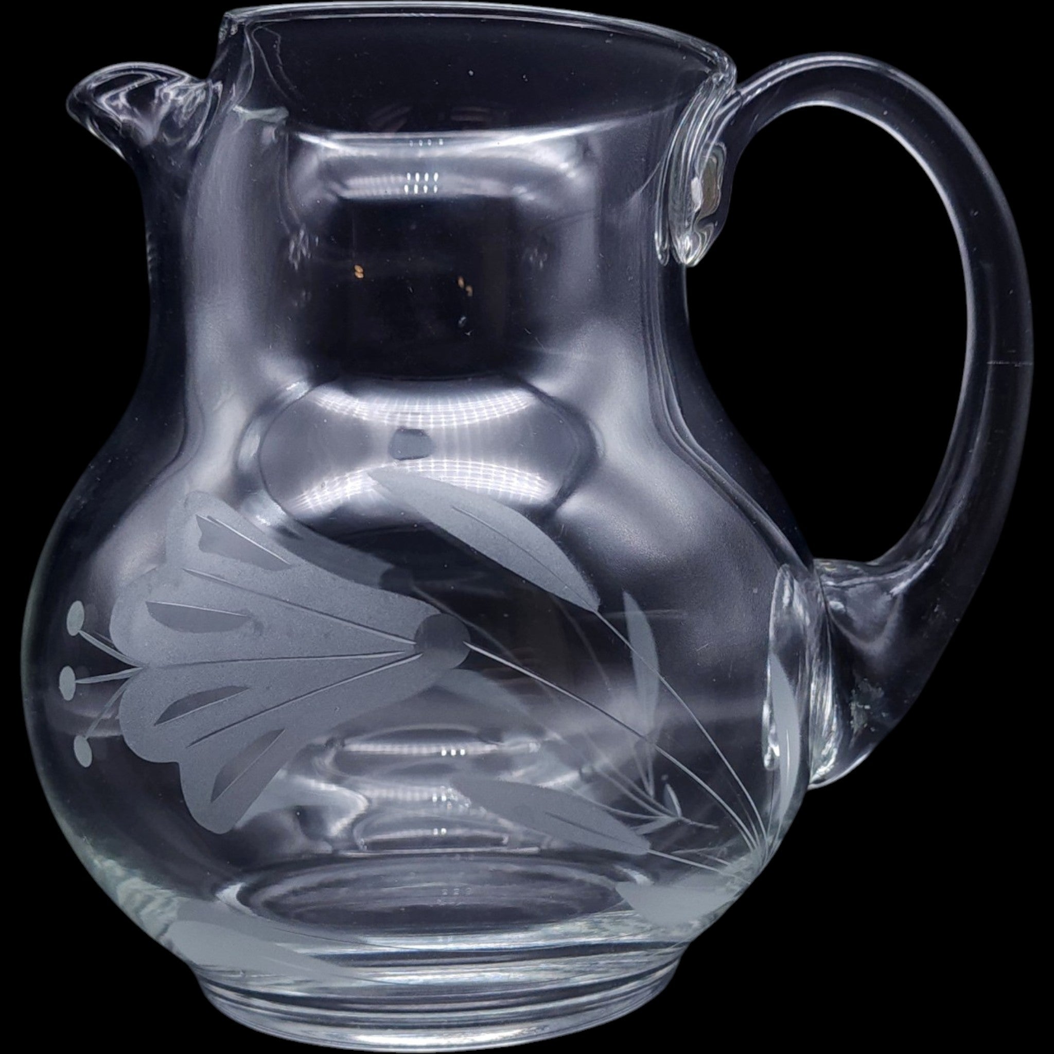 Vintage Clear Etched Glass Floral Pitcher
