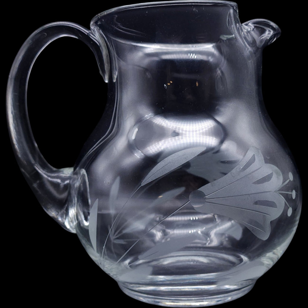 Vintage Clear Etched Glass Floral Pitcher