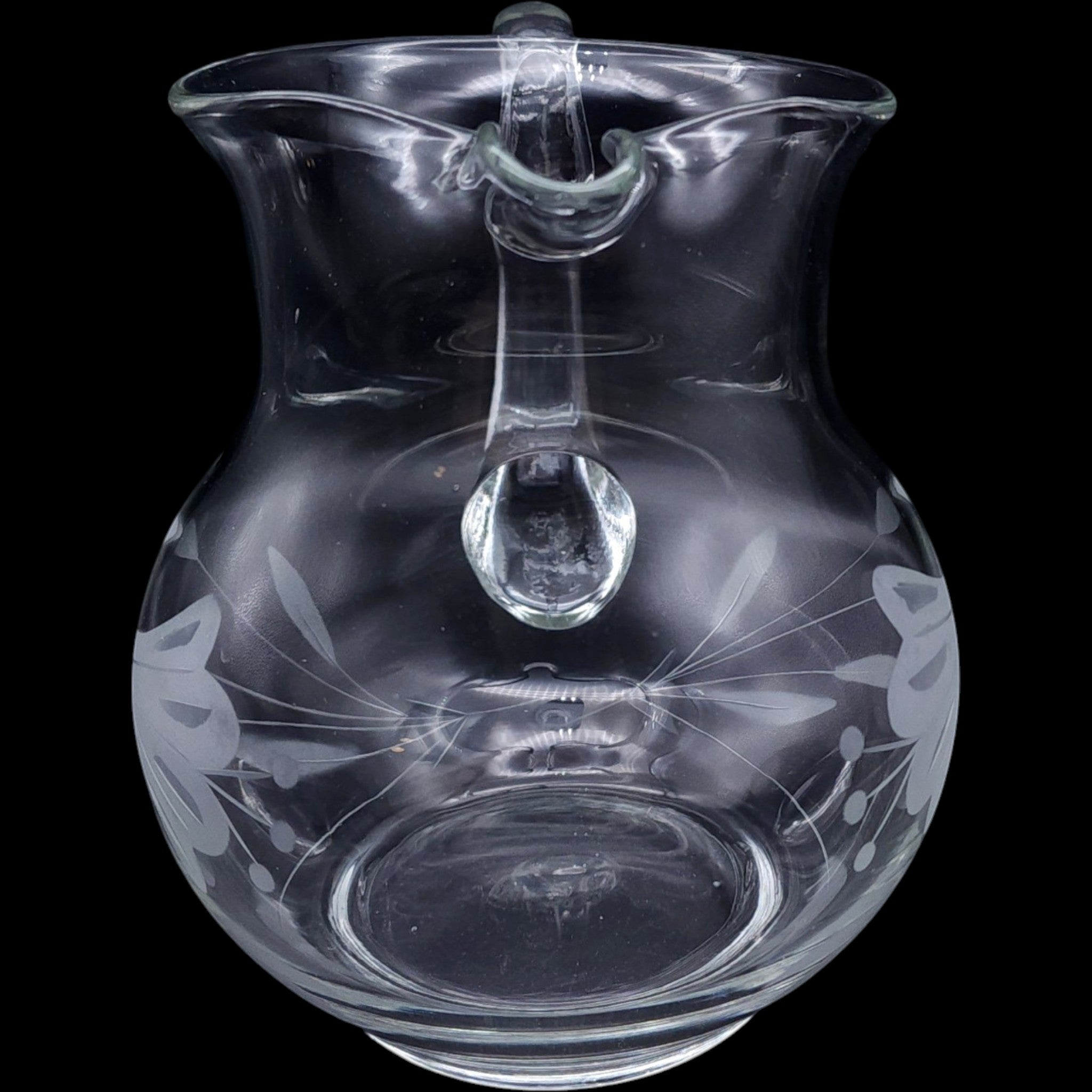 Vintage Clear Etched Glass Floral Pitcher