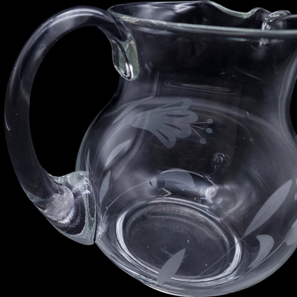 Vintage Clear Etched Glass Floral Pitcher