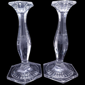 Vintage Heavy Clear Etched Glass Taper Candlestick Holders - Pair
