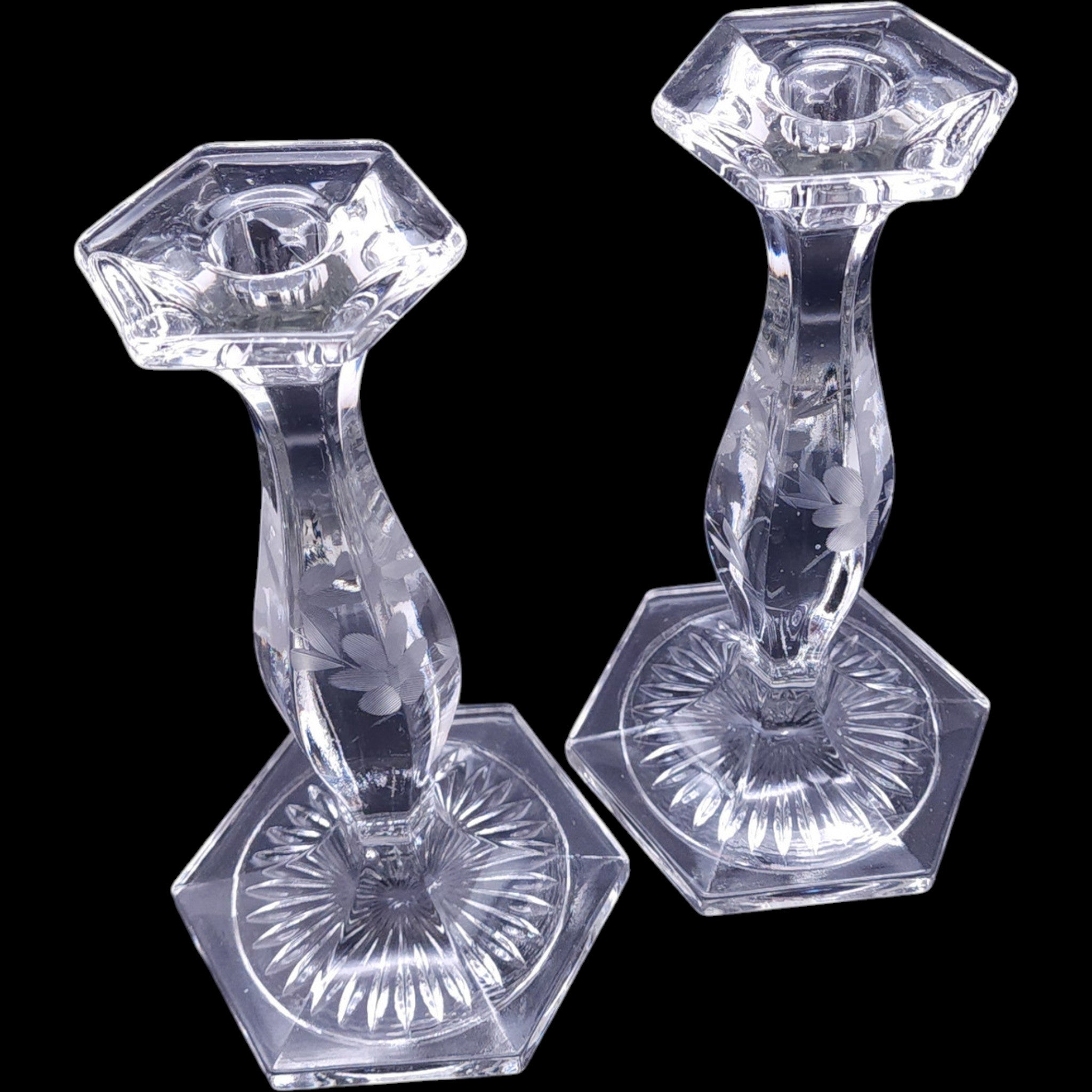 Vintage Heavy Clear Etched Glass Taper Candlestick Holders - Pair