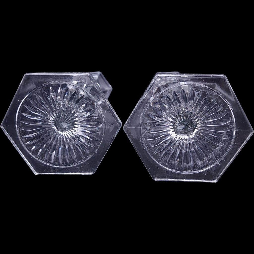 Vintage Heavy Clear Etched Glass Taper Candlestick Holders - Pair