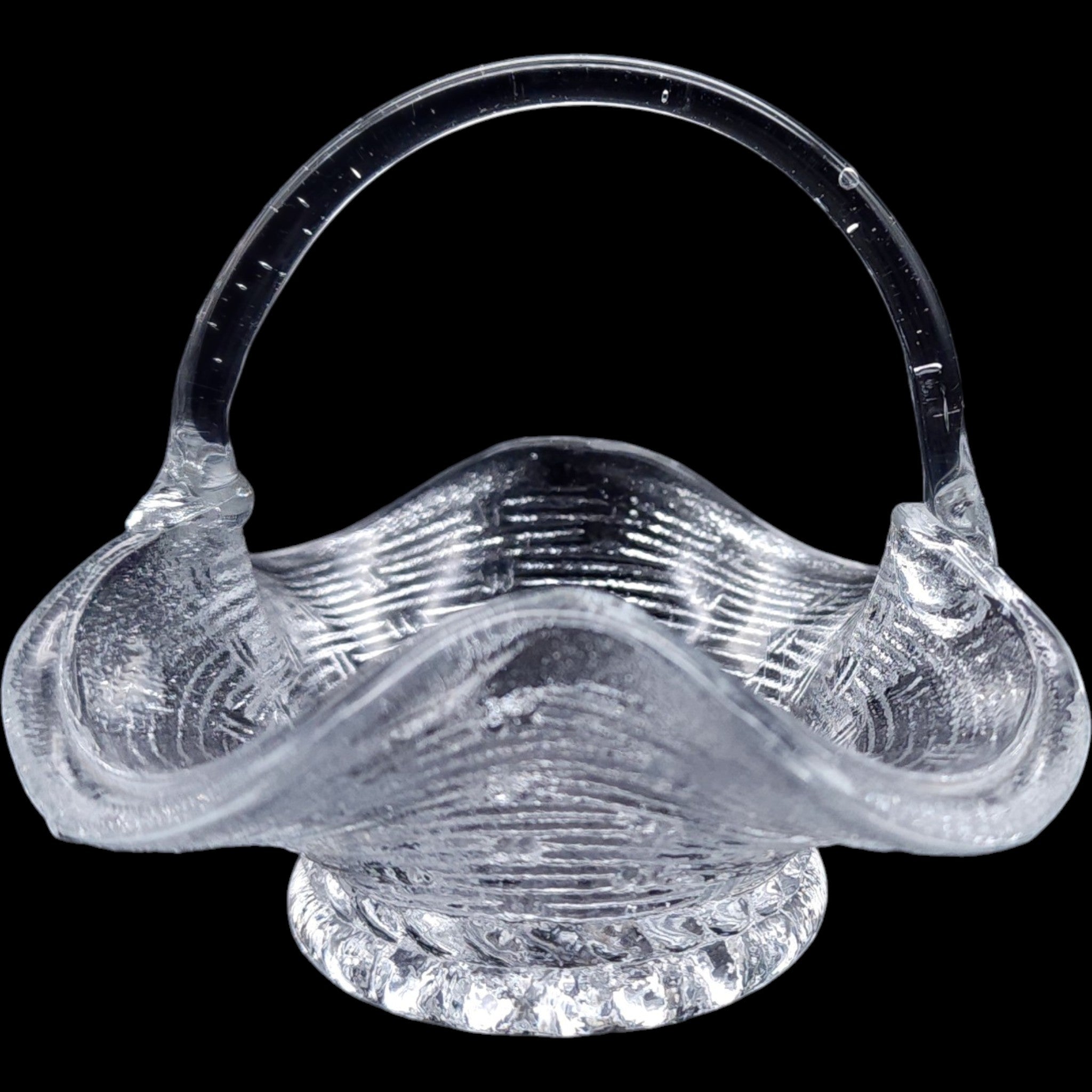 Vintage Clear Glass Basketweave Ruffled Dish with Applied Handle