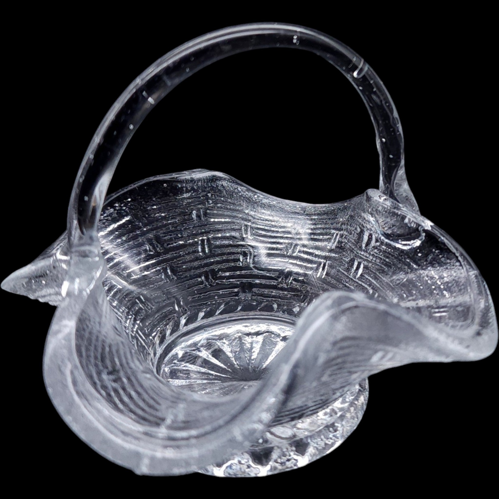 Vintage Clear Glass Basketweave Ruffled Dish with Applied Handle