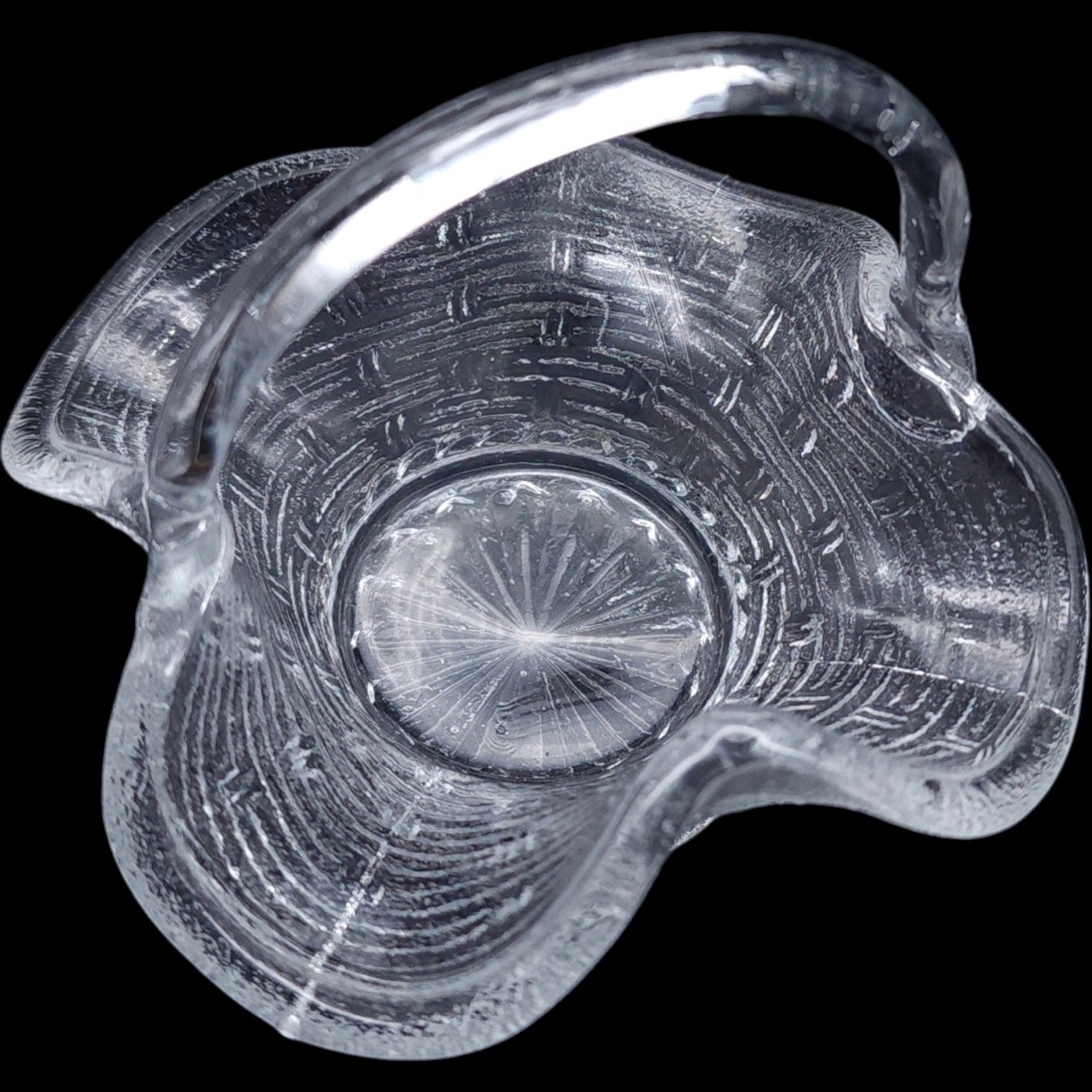 Vintage Clear Glass Basketweave Ruffled Dish with Applied Handle
