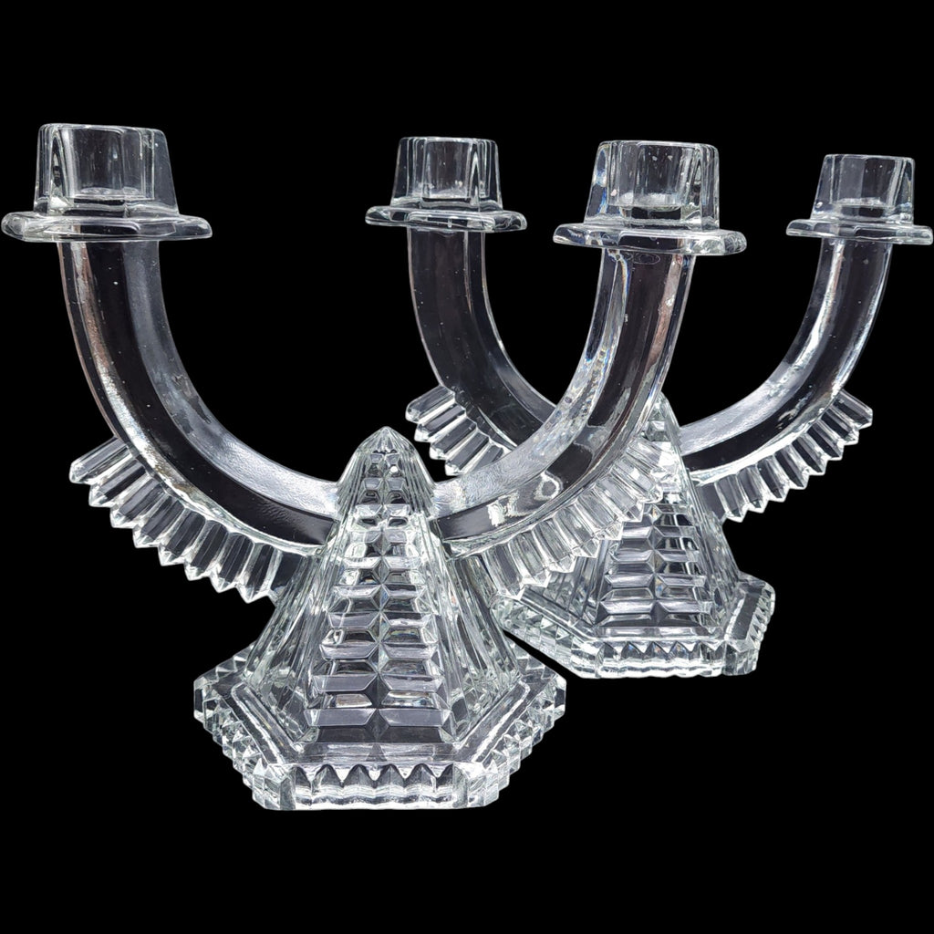 Vintage Clear Glass Double Arm Candelabra Candleholder Pair