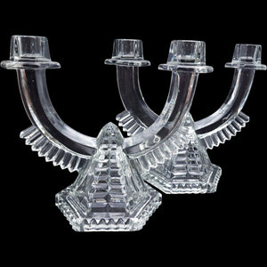 Vintage Clear Glass Double Arm Candelabra Candleholder Pair