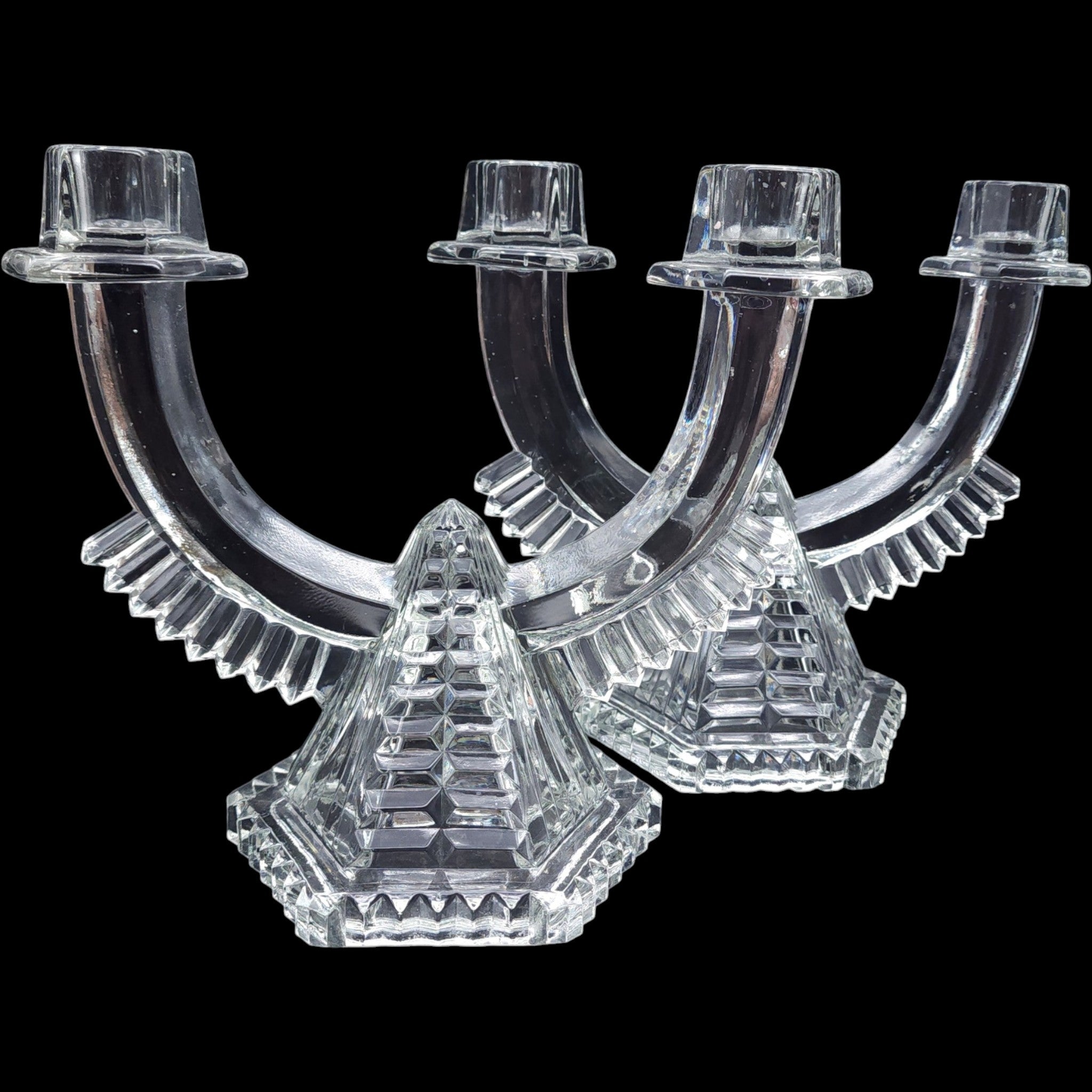 Vintage Clear Glass Double Arm Candelabra Candleholder Pair