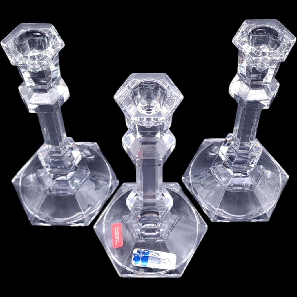 Vintage Clear Glass Hexagonal Taper Candle Holders Set of 3