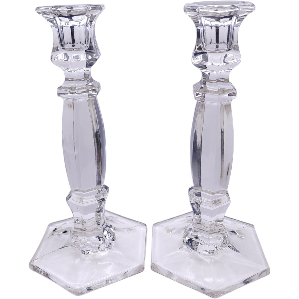 Vintage Clear Glass Hexagonal Taper Candlestick Holders Pair