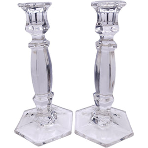 Vintage Clear Glass Hexagonal Taper Candlestick Holders Pair