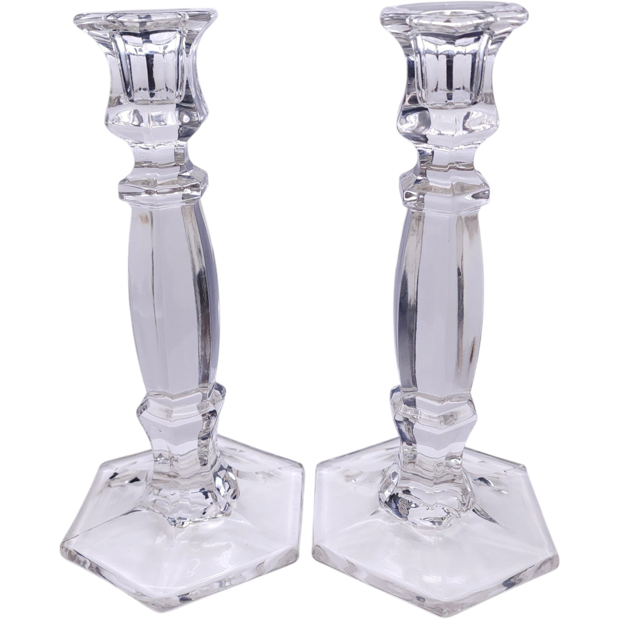 Vintage Clear Glass Hexagonal Taper Candlestick Holders Pair
