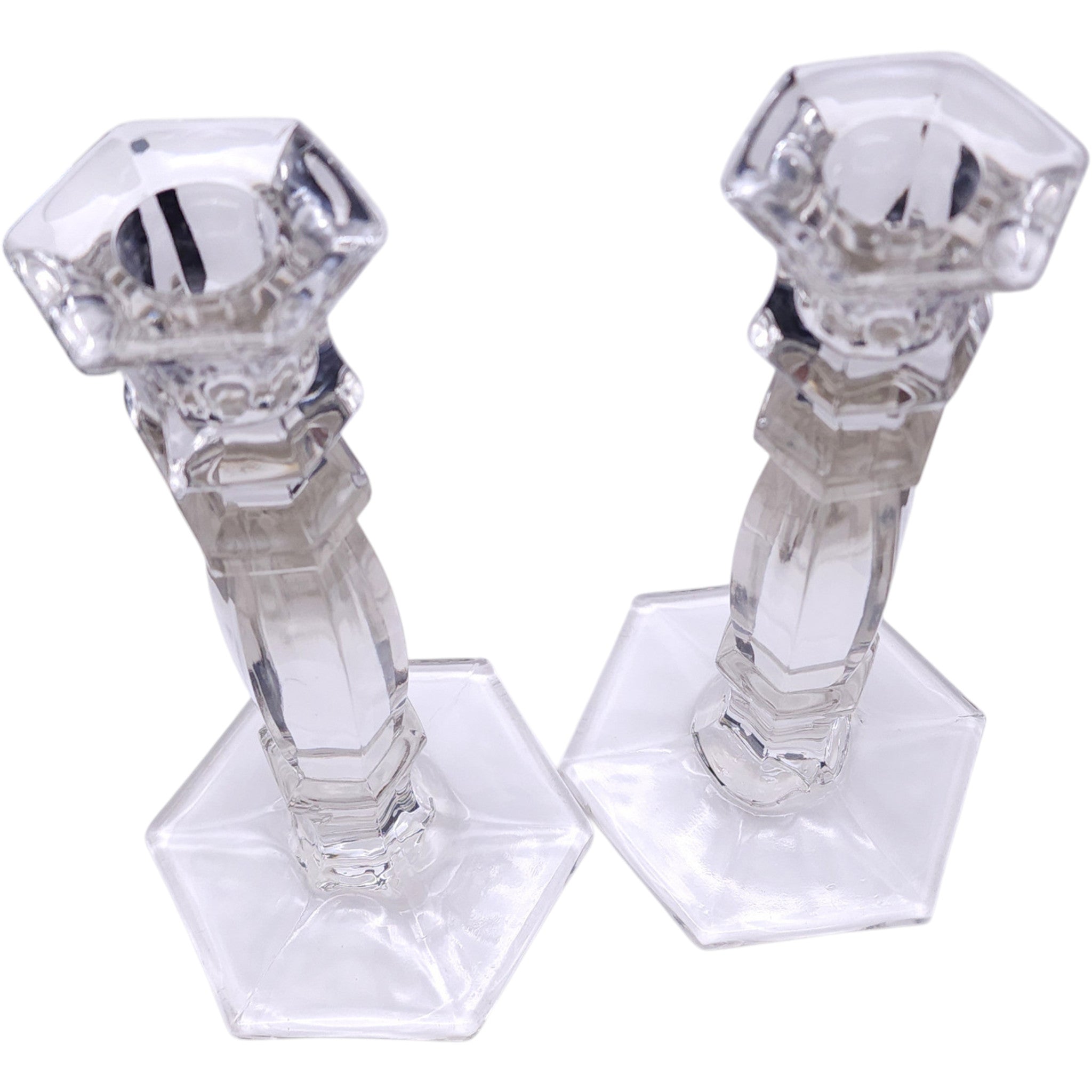 Vintage Clear Glass Hexagonal Taper Candlestick Holders Pair